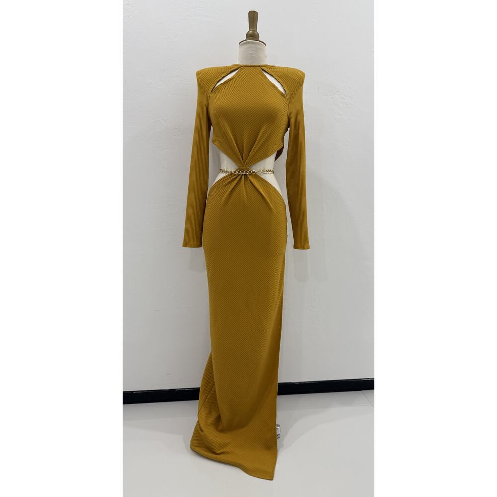 NWT Bronx and Banco Amara Linen-Blend Cutout Maxi Dress Mustard Yellow Sz S - Picture 2 of 8